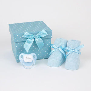 Cajita Regalo Bebé Patucos y Chupete Personalizado (Azul) - RegalosBaby